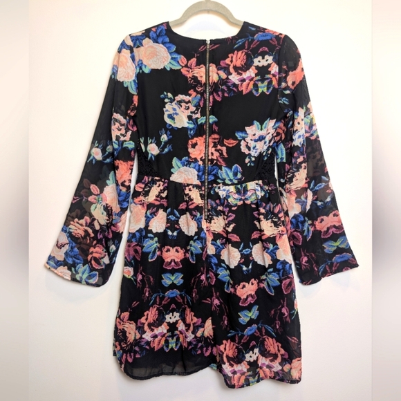 Xhilaration Black Pink Blue Floral Sheer Long Sleeve Dress Small - Picture 4 of 9